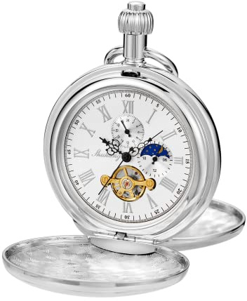 Bronze Men's Antique Mechanical Pocket Watch, Skeleton Mechanical Roman Numerals Pocket Watch with Chain + Box