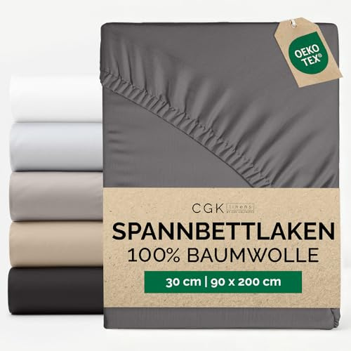 Spannbettlaken 90 x 200 cm Baumwolle - Mako Satin 400 Fadenzahl - Für Matratzen bis 30 cm (12) - Hotelqualität Spannbetttuch - Knitterfrei, Pflegeleicht, Atmungsaktiv & Oeko-TEX - Dunkelgrau