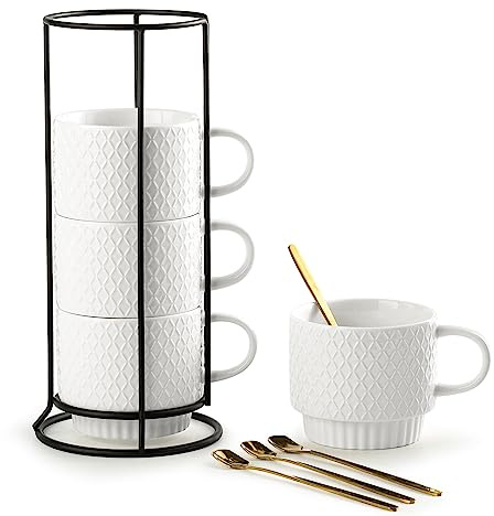 Gomakren Stackable Coffee Mugs Set with Stand, Coffe Cup with Tea Spoon 13 Ounce White Cups for Cappuccino Coffee Drinks Tea, Set of 4, Mothers Day Gift, 380ml