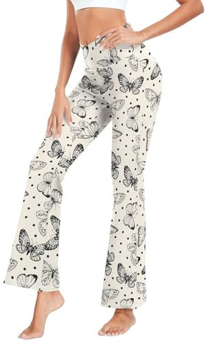 Fustylead Gepunktete und fliegende Schmetterlinge Damen Yogahose Bootcut Yogahose Bauchkontrolle Stretch Bell Bottom, beige, XXL