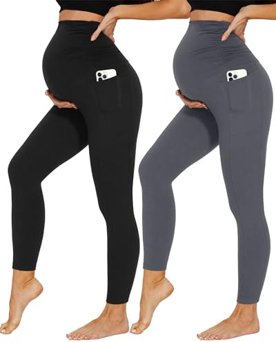 DDOBB 2 Pack Maternity Leggings Over Bump with Pockets | High Waist, Soft Belly Support, Stretchy Pregnancy Pants for Yoga, Workout, Daily Wear, Pyjama