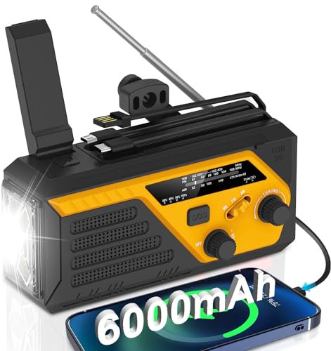 Radio di emergenza a manovella, 6000 mAh AM/FM, radio meteorologica NOAA con batteria di riserva, radio meteorologica NOAA con caricabatterie per telefono, 3 modalità torcia elettrica, lampada da