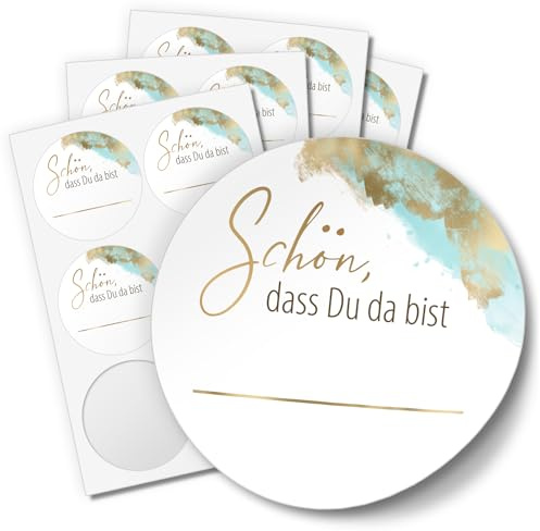 48 Aufkleber SCHÖN, DASS DU DA BIST für Hochzeit Geburtstag Danke Taufe Etiketten rund 4cm, Boho Aquarell blau