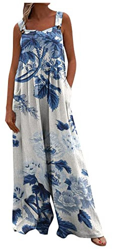 Kleidung Damen, Schutzanzug Einweg Jumpsuit Elegant Hochzeit Gast Frauen Casual Drucken Plissee Square Neck Ärmellose Lang Jumpsuit Mit Taschen Jumpsuit Sommer Damen Party Outfit (1-Dark Blue,XL)