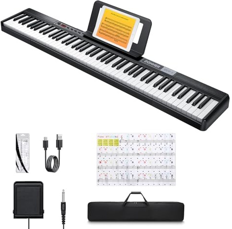 Donner DEP-1 Piano Keyboard de 88 teclas, teclado digital para principiantes, teclas dinámicas, piano electrónico portátil con pedal de sostenimiento, bolsa de transporte y adhesivo para teclado