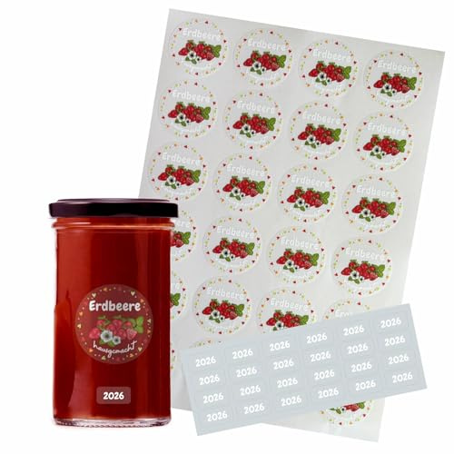 FOTOFOL transparente Aufkleber Marmelade - selbstklebende Etiketten für Marmeladengläser, Deckeletiketten, Einmachgläser (Erdbeere)