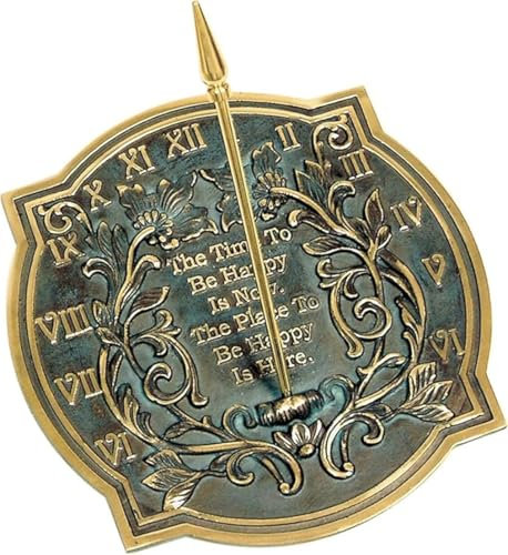 Antik massiv mässing med Verdigris-höjdpunkter, lycka solur, 25 cm diameter