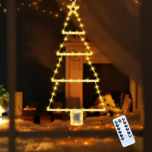 Beleuchtet LED Fensterdeko Weihnachtsbaum, LED Fensterdeko Tannenbäume Beleuchtung, 8 Lichtmodi mit Timer, Batteriebetriebene, Weihnachtsbaum Leiter Lichterkette (Warm white light,67CM)
