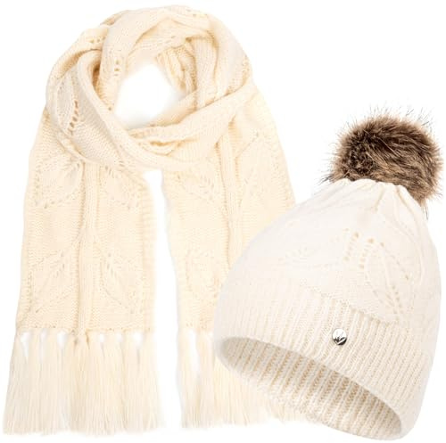 HEYO Damen Mütze Schal Set für Winter, Kuschelig, Warme Strickmütze, Winterschal mit Fransen HZ0014 (Ecru)