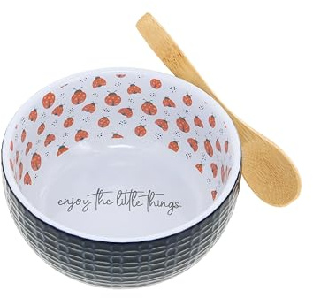 Pavilion Gift Company - Little Things - 11oz 4.5 Ladybug Bowl and Bamboo Spoon Set - Friend Family Appreciation Sentimental Housewarming Spring Kitchenware Serveware