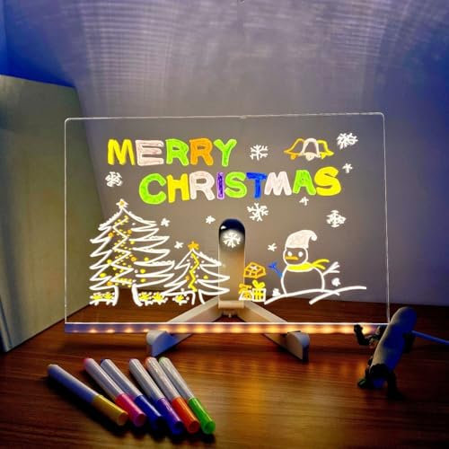 Zilimontt Tableau d'affichage coloré à DEL en acrylique avec 7 stylos de couleur, tablette de dessin lumineuse pour enfants, maison, bureau, créativité - 21,4 x 21,4 x 4 cm - Grand tableau d'écriture