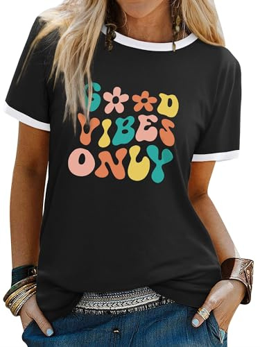 Dresswel Women Good Vibes T-Shirt Rainbow Graphic Print Tee Shirts Summer Tops | Casual Short Sleeve Graphic Print Basic Tshirts, Ringer T Shirt, Ladies Tshirts, Fashion, Letter Print
