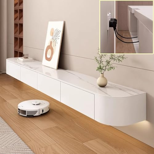 XDXINY - Consola multimedia para TV flotante (mueble para TV de pared, gran banco de almacenamiento bajo TV, mueble bajo con cajones y soporte para router (piedra blanca, 140 x 20 x 24 cm)