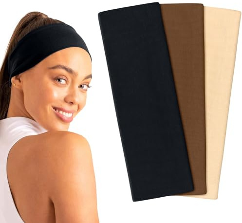 Tumurup Headbands for Women's Hair, 3 Pcs Stretchy Hair Bands, Non-Slip Sweat-Absorbing Head Bands Adult Women, Fashion Hair Accessories for Gym Sports Yoga Fitness Running(Black Brown Beige)