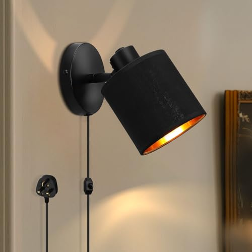 Winverty Plug in Wall Light Living Room Dimmable Black E27 350° Rotatable | Wall Lamp with Switch, Industrial Vintage, Black Fabric Shade Bedside Wall Sconce, with Switch