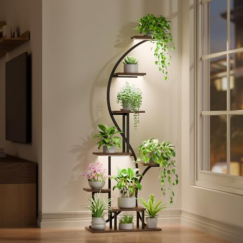 Pflanzenregal mit Wachstumslicht - 8 Ebenen Großes Blumenständer 165cm Metall Holz Pflanzenständer - Innen & Außen Blumentreppe - Dekoratives Schwarz Eck-Blumenregal für Indoor Garten Balkon