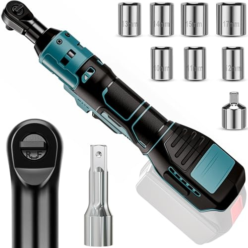 Akku Ratsche für Makita 18V-akku – 3/8 Ratschenschlüssel,60 Nm 400 U/min Elektrisch Ratschenschrauber, Kabelloser Ratsche mit 8 Steckschlüssel,1/4 Adapter und 3 Verlängerungsstange(Ohne-akku)