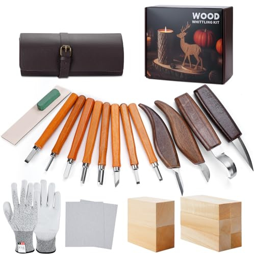 Holzschnitzwerkzeug-Set, 26-teiliges Schnitzwerkzeug-Set, inklusive 12 Schnitzmessern, Messerschärfwerkzeugen, Handschuhen, geeignet für Anfänger/Profis