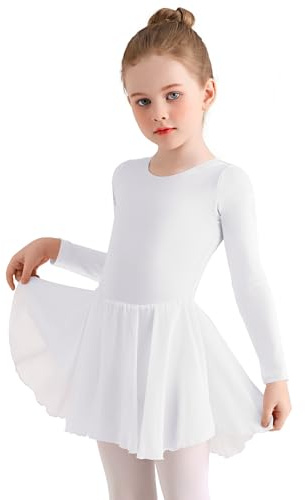 Eisnnu Ragazza Vestito da Balletto Vestito Danza Tutu Body Ginnastica Cotone Manica Lunga con Chiffon Gonna Adatto all'età 2-11 Anni (Bianco, 140)