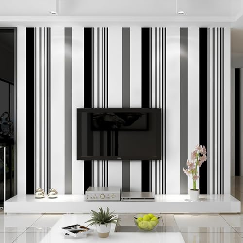 ESSMOKO Tapete Gestreifte Tapeten Schwarz weiß graue Streifen 53 * 950cm Nichtgewebtes Material wasserdicht modernes Für Wohnzimmer Schlafzimmer Büro Hotel
