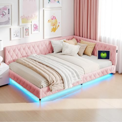 Polsterbett Schlafsofa 140x200cm, schlafSofa Doppelbett Polsterbett 140x200 mit LED-Licht und USB, L-förmiges Tagesbett Schlafsofas mit Lattenrost, Teddy, ohne Matratze, Rosa