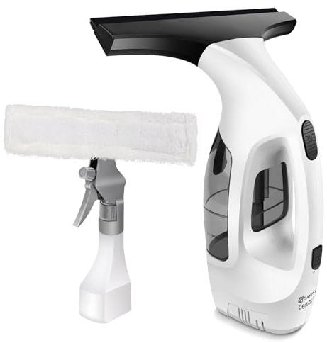 DayPlus Limpiador de ventanas inalámbrico con batería de 3500 mAh, 2000 Pa, 50 minutos de tiempo de trabajo, paño de microfibra de 24 cm y hoja de goma de 28 cm, botella de spray de 300 ml