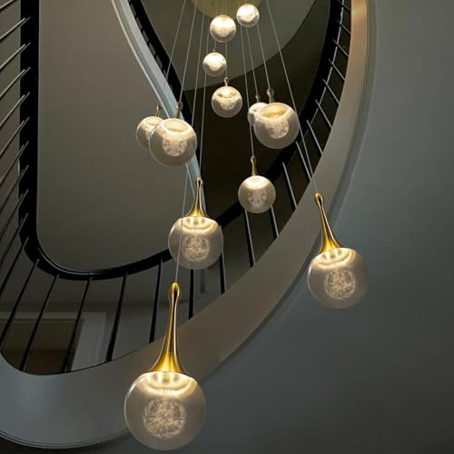 AroimRex Goldener LED Treppenkronleuchter mit hoher Decke 12 Lichter dimmbare Fernbedienung Moderne Kristalltropfenform Lange Hängelampe für Treppenhaus Wohnzimmer Eingangsbereich Treppenhaus Foyer