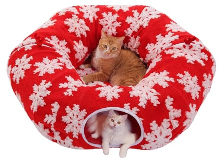 Katzentunnel Weihnachten - Baumwoll-Samt 94 cm | Katzentunnel mit Donut aus Plüsch - Faltbarer Katzentunnel für Katzen für Balkon, Anreicherungsübung aus