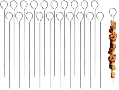 Vmoomax Lot de 20 brochettes réutilisables en acier inoxydable de 20 cm avec pointes pointues, bâtons de barbecue résistants à la chaleur pour viande, légumes et friteuse à air comprimé