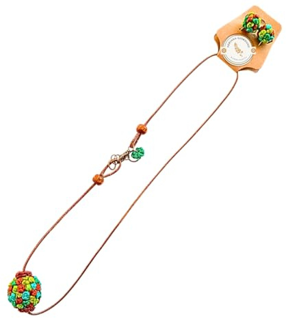 Nativilis - Parure de bijoux au crochet - Long collier avec pendentif sphère multicolore + boucles d'oreilles assorties | Dentelle de coton artisanale bohème légère et écologique (#102)