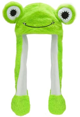 Interaktiver Plüsch-Tierhut mit beweglichen Ohren Drücken Sie Pop-Ohrkappe für Frauen Mädchen Weihnachten Geburtstag Cosplay Warme Lustige Niedliche Tiermütze für Halloween Party (Frosch)