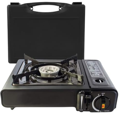 Trendi Black Portable Camping Stove – Lightweight EN417 Gas Stove with Carry Case, Automatic Ignition & Heat Control – Ideal for Camping, Hiking & Outdoor Cooking
