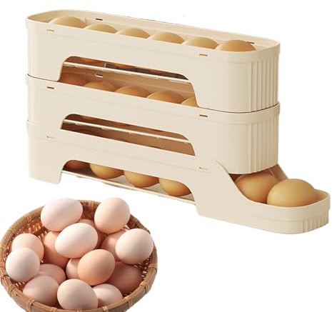 Automatic Egg Dispenser for Refrigerator, Egg Holder with Rolling Function ( ), Narrow Egg for the Fridge Door, Space-Saving Egg Box without Lid (2/3/4 Levels)
