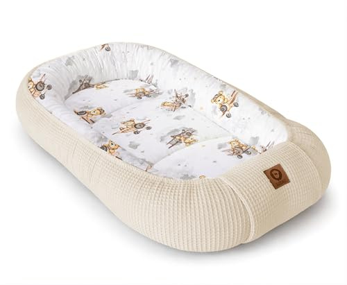 Babynestchen Neugeborene – Nestchen Baby aus Waffel Baumwolle & Baumwollstoff – Babynest für Babybett & Kinderbett – Baby Kokon Tragbar – OEKO-TEX – Zubehör für Babybett - Flugzeuge und Hellbeige