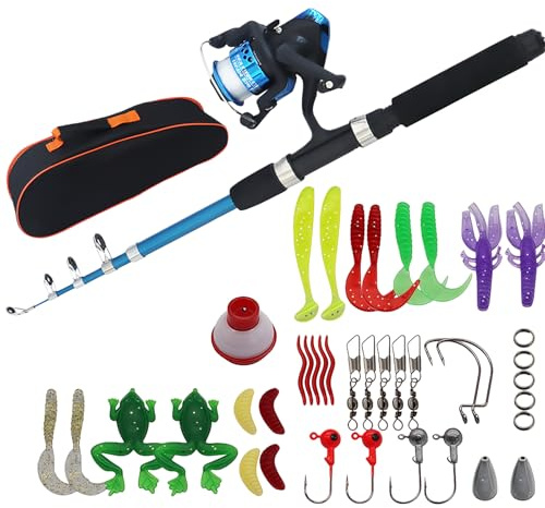 Juego de pesca para niños, 1,5 m, caña de pescar telescópica portátil y combinación de bobinas con caja de aparejos, soporte para caña, red de cebo y bolsa de transporte, para niños de 3 a 10 años