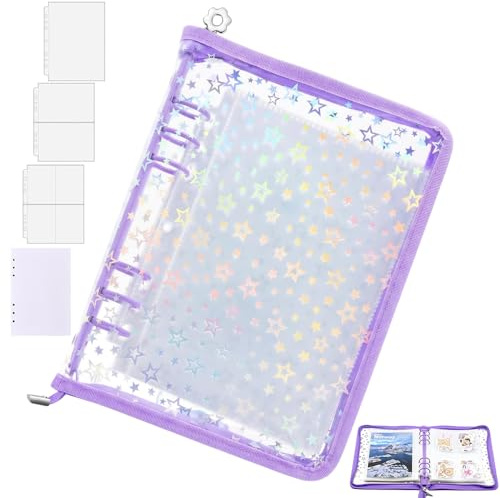 A5 Photocard Binder & Sticker Organiser Book Blue Star Zippered Photo Album Folder with 50 Inner Sleeves Refills 6 Ring Collectable Card Storage for Photocards, Business Cards (Purple)