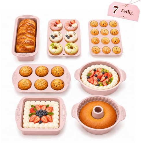7 Pièces Antiadhésif Moule Gateau Silicone,Réutilisable Moules à Pâtisserie | Moules Cake Silicone avec Muffin,Gateau Rond,Rectangulaire, Brownie,Patisserie,Moule à Donuts,pour Four,Démoulage Facile
