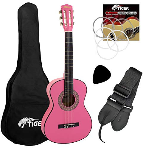 TIGER CLG6-PK Set chitarra classica per bambini, misura 1/2, con custodia, corde di ricambio in nylon e plettro - colore rosa