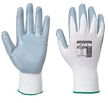Portwest A319 Flexo Grip Nitrile Glove Touchscreen Breathable Lightweight | White/Grey, X Large, EN 388, Loose Fit, 13 Gauge, Dexterity 5, Waterproof, Construction