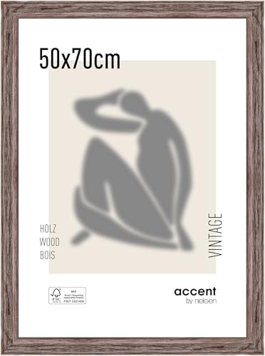 accent by nielsen Bilderrahmen, 50 x 70 cm, Holz, Braun, Posterrahmen zum Aufhängen im Hoch- & Querformat, Echtglas, Vintage