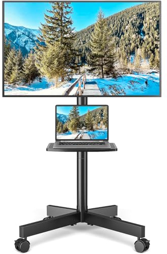 Rolling TV Stand with Shelf for 23-65 inch TVs up to 88lbs, Portable Mobile TV Cart with Silent Wheel, Tilt & Height Adjustable Universal Corner TV Stand for Bedroom, Living Room, Office