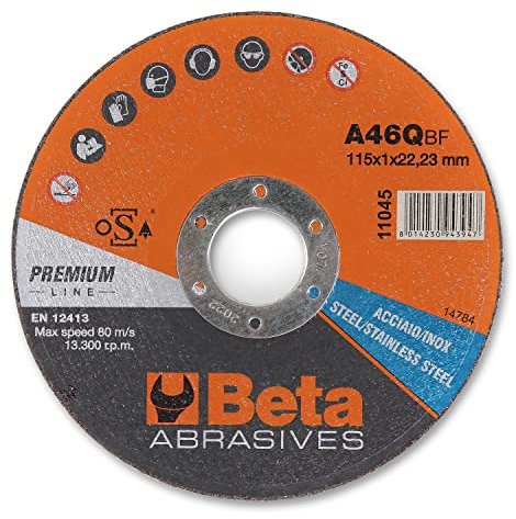 Beta 11045 1,0 - Dischi abrasivi da taglio per acciaio e inox, esecuzione di spessore sottile e a centro piano, da utilizzare con smerigliatrici portatili angolari