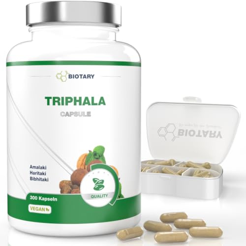 Triphala 300 Kapseln 1500 mg pro Tagesportion Haritaki Amalaki Bibhitaki | Inklusive Pillenbox 5 Monate Vorrat 100% vegan reine Rezeptur geprüfte Qualität