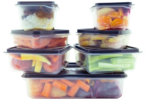 NEEZ (7 Pack Contenitori Alimenti Set - (2.4L + 1.2L + 0.7L + 0.5L) Ermetici & Pulsante Rilascio Dell'aria, Microonde & Frigorifero Adatto, Cibo Scatola per Cucina, Trasparente Plastica