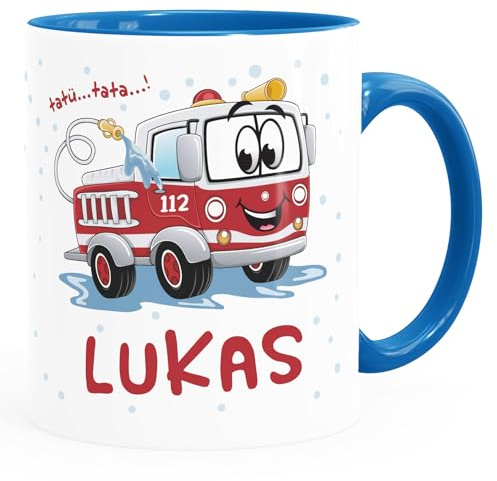 SpecialMe® Kindertasse Personalisiert Feuerwehrauto Tatü Tata Namenstasse Kinder Jungen Mädchen Kinderbecher Keramik Inner-blau Keramik-Tasse