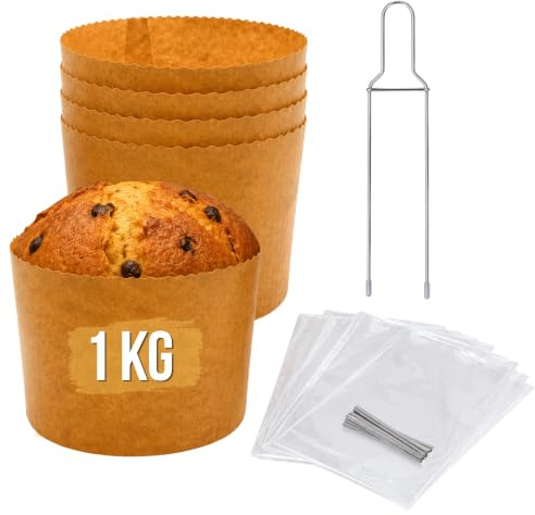 FAH FAMILY AT HOME Kit Molde Panettone Alto 1 Kg + Pin Panettone + 5 Bolsas Panettone con Cierres, Forros Panettone Profesionales 1 Kg en Papel Celulosa Pura Natural Resistente al Calor 200°C | + 5 bolsas Panettone con cierres