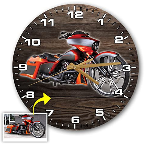 Kool-Kool Personalized Photo Wall Clock for Motorcycle Lovers, Wooden Round Clock, Motorcycle Home Decor, Motorcyclist Birthday Father's Day Xmas Gift