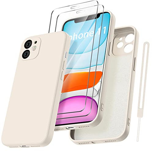 Qasyfanc HandyHülle für iPhone 11 Hülle Silikon case mit 2 Stück schutzfolie, Ultra Microfiber TPU Flüssig silikon mit Kameraschutz Kratzfeste Rundumschutz Schutzhülle 6.1'' -Weiß