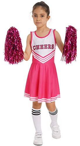 MSemis Mädchen Cheer Leader Kostüm Cheerleading Schulmädchen Uniform Karneval Fasching Party Halloween Kostüm Kleid Minirock mit 2 Pompoms und Socken Hot Pink 134-140