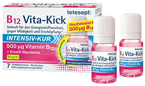 tetesept B12 Vita-Kick Trinkampullen Intensiv-Kur – Nahrungsergänzungsmittel für den Energiestoffwechsel, gegen Müdigkeit und Erschöpfung - hochdosierte Vitamin B12 Ampullen – Wochenpackung à 7 Trinkfläschchen